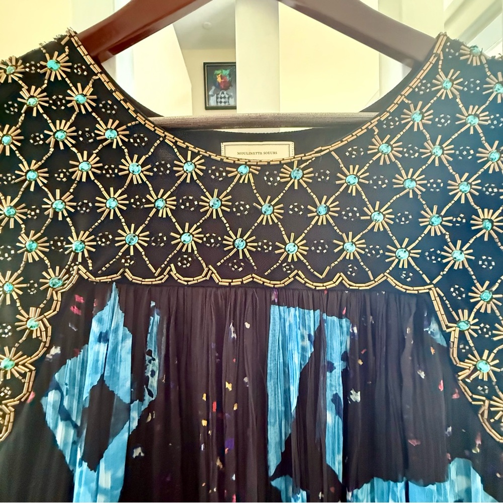 Anthropology Moulinette Soeurs Black and Blue Sleeveless Dress with Gold Accents - Picture 2 of 6